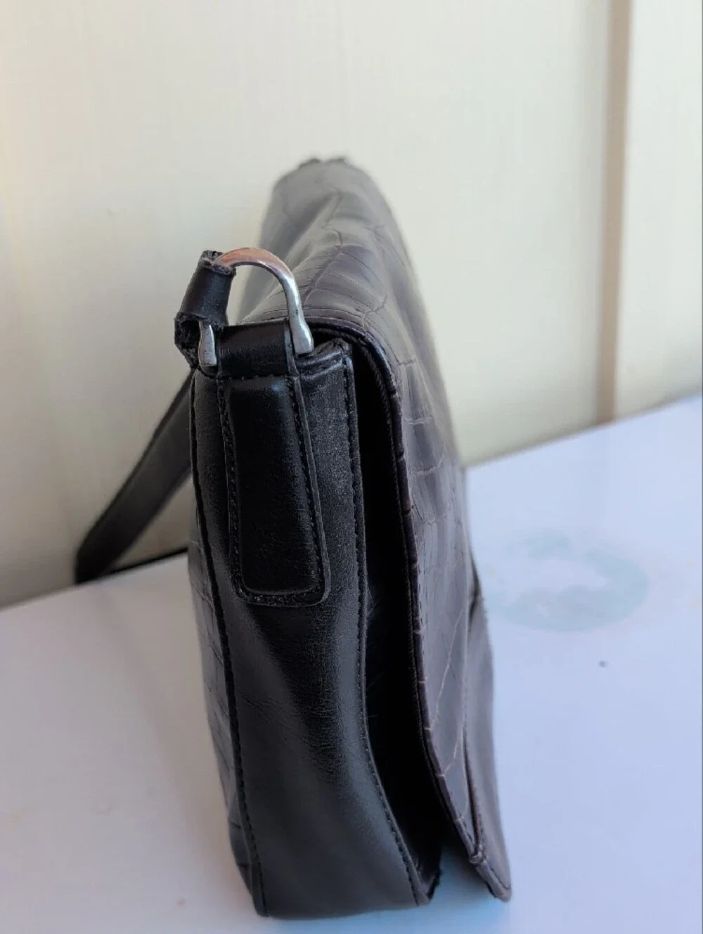 Croc-Embossed Leather Shoulder Bag in Dark Brown